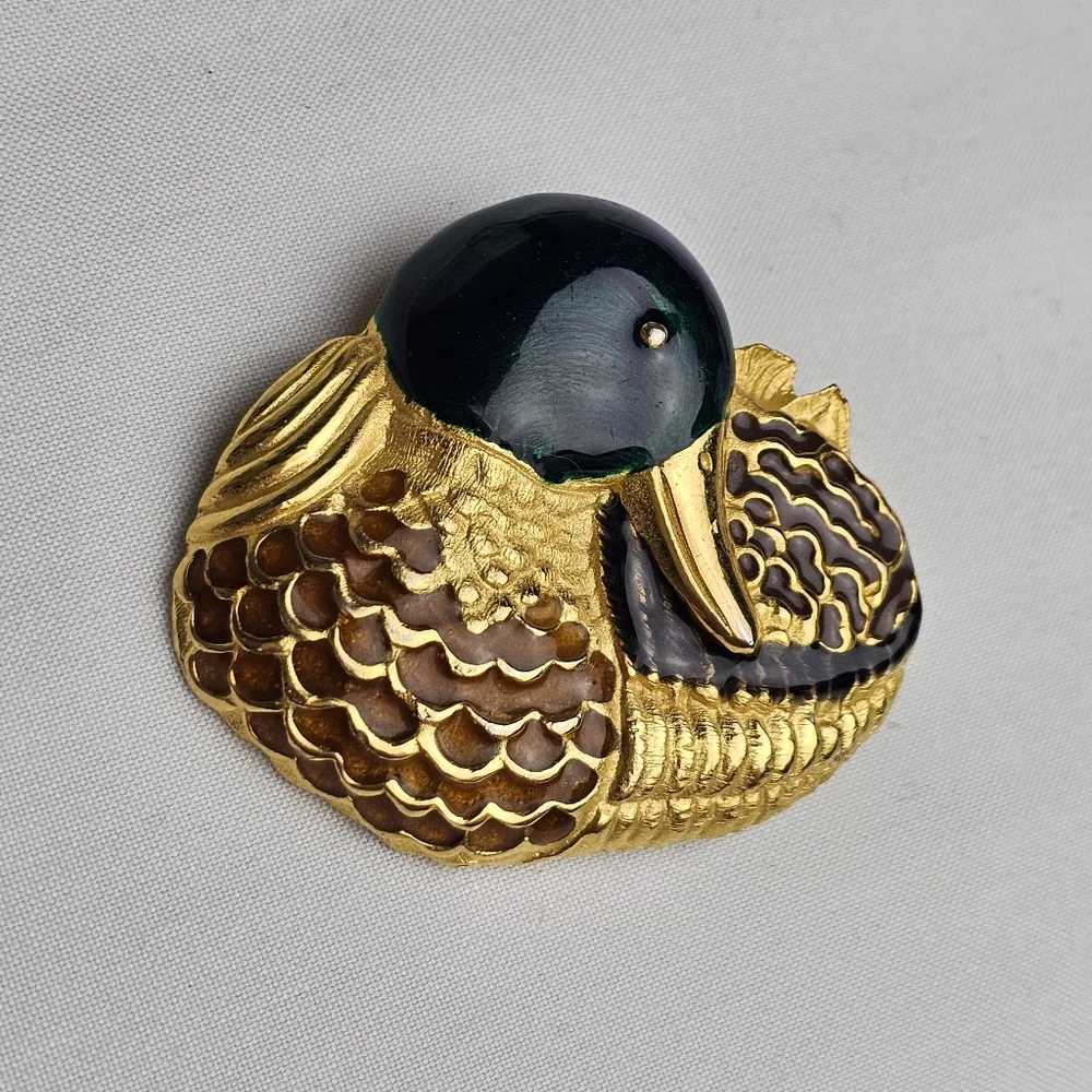 Paquette Gold Tone Textured Figural Enamel Mallard Duck Brooch - Picture 7 of 9
